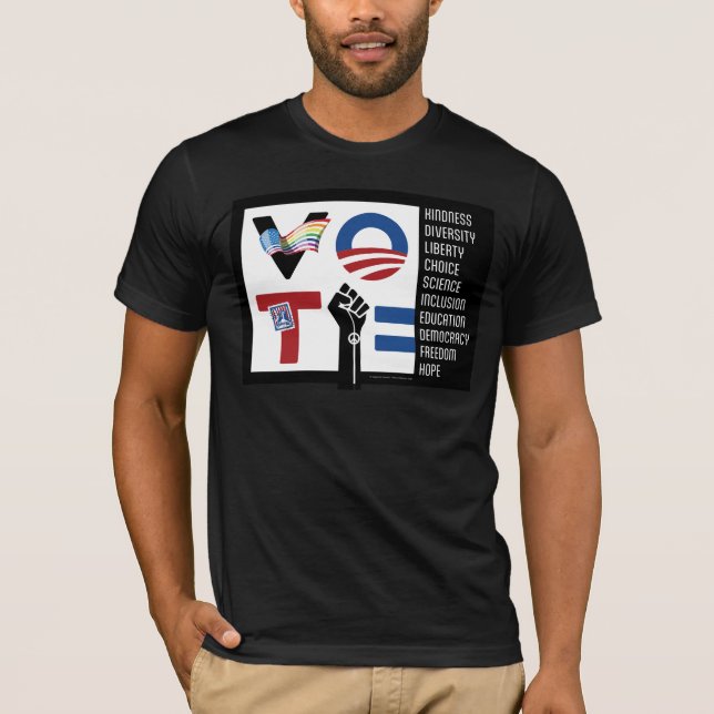 Camiseta VOTO Democracia, amabilidad, ciencia e igualdad (Anverso)