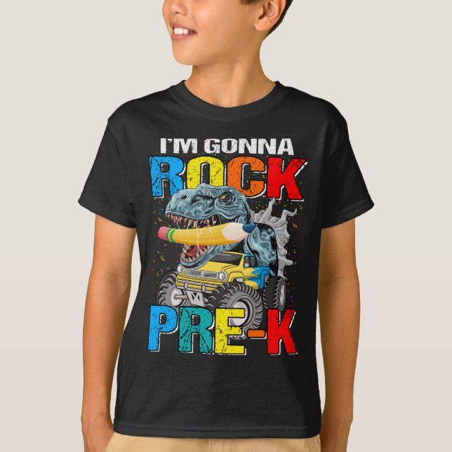 Camiseta Voy a Rock Pre-K Monster Truck Dinosaur (Anverso)