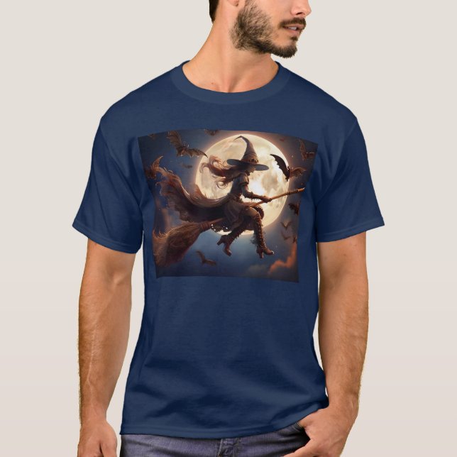 Camiseta Vuelo en la luna de bruja de Halloween Steampunk (Anverso)