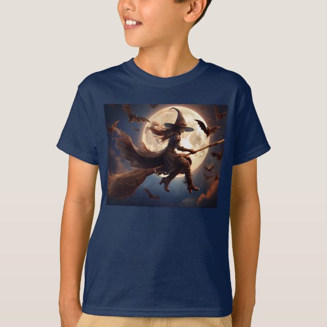 Camiseta Vuelo en la luna de bruja de Halloween Steampunk (Anverso)