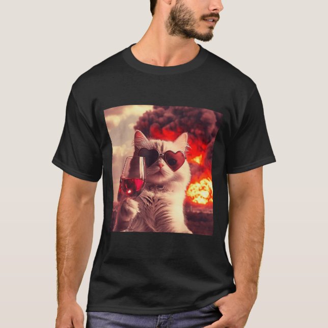 Camiseta Wacky Cat Holding Wine Selfi With Fire Funny Sungl (Anverso)