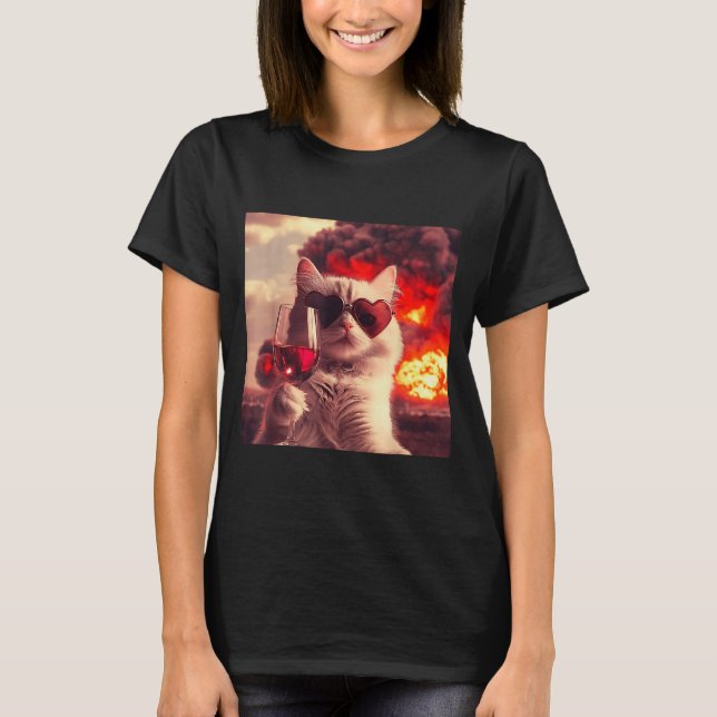 Camiseta Wacky Cat Holding Wine Selfi With Fire Funny Sungl (Anverso)
