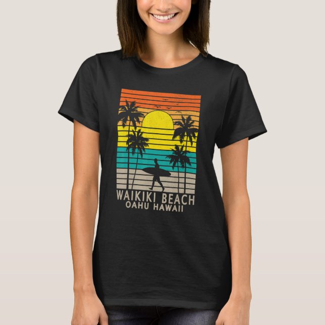 Camiseta Waikiki Beach Oahu Hawaii Surfer Palm Tree Surfing (Anverso)