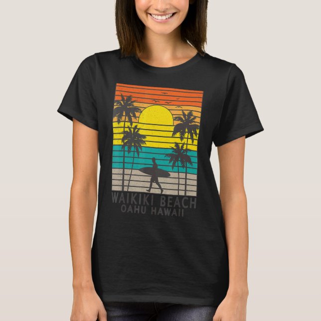Camiseta Waikiki Beach Oahu Hawaii Surfer Palm Tree Surfing (Anverso)