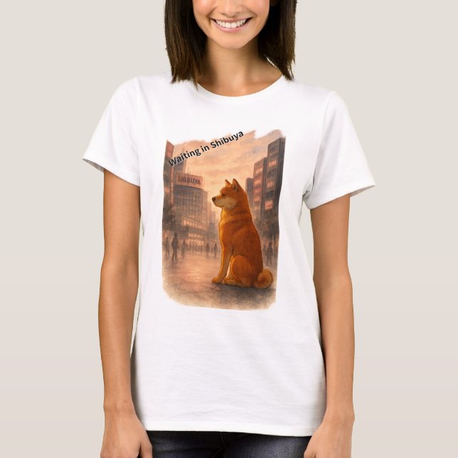 Camiseta Waiting in Shibuya — Faithful Akita at Sunset (Anverso)