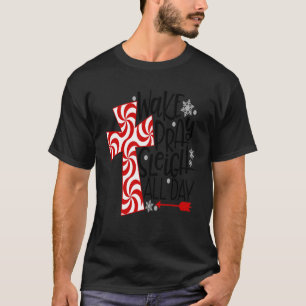 Camiseta Wake Pray Sleigh Todo El Día Candy Cane Cross Jesu