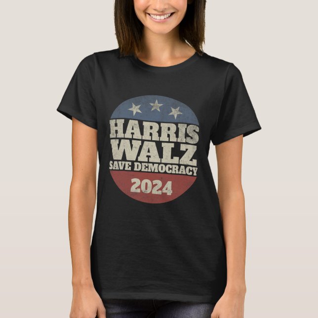 Camiseta Waltz 2024 Save Democracy Shirt Retro Button Elect (Anverso)