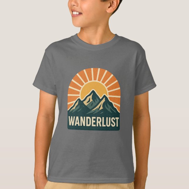 Camiseta Wanderlust Retro Blue Mountain Sunrise Kids Nature (Anverso)