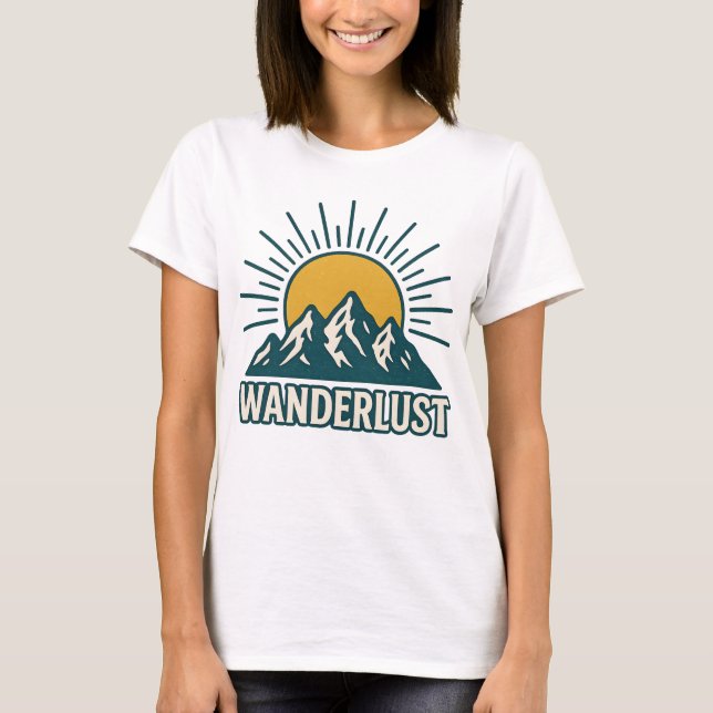 Camiseta Wanderlust Retro Teal Mountain Sunrise | Hiking (Anverso)