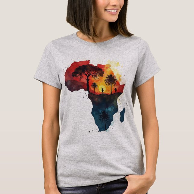 Camiseta Watercolor Africa Sunset Silhouette Art Print (Anverso)