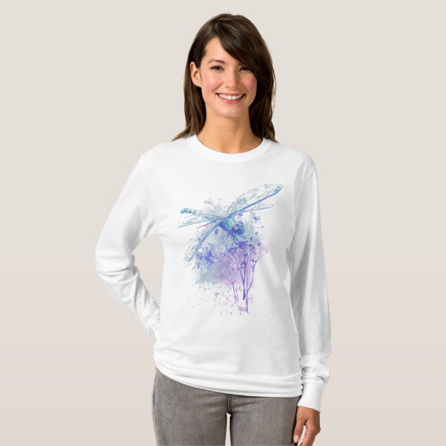 Camiseta Watercolor Blue Mauve Dragonfly (Anverso completo)