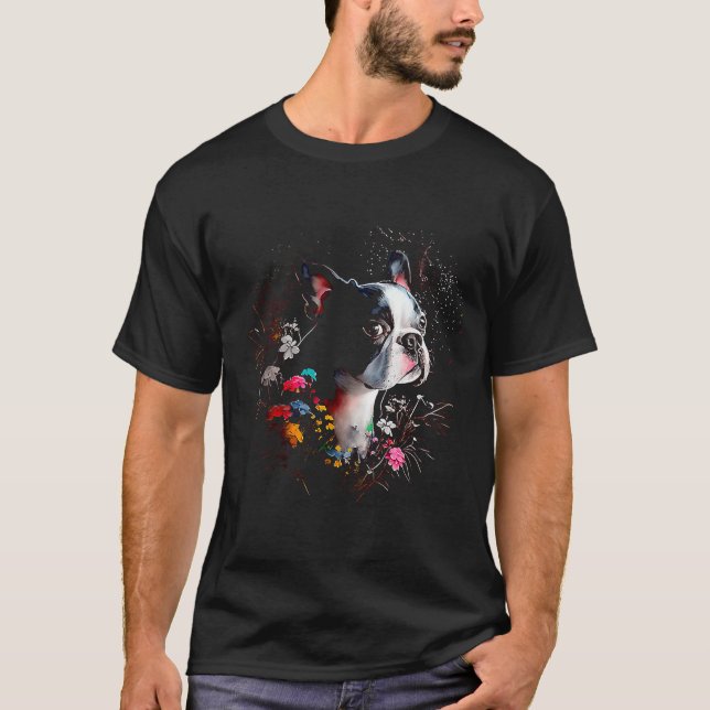 Camiseta Watercolor Boston Terrier con flores Bostie 4 (Anverso)
