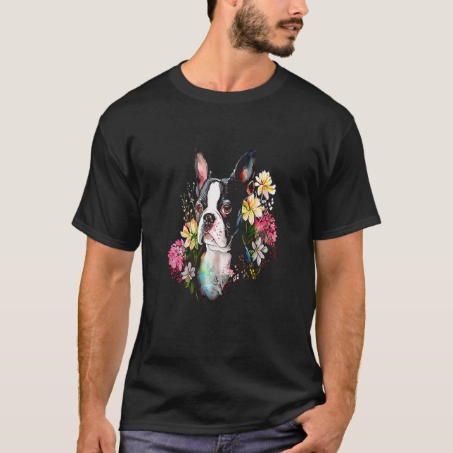 Camiseta Watercolor Boston Terrier with flowers  Bostie  27 (Anverso)