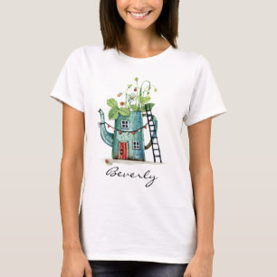 Camiseta Watercolor de la casa de cuento de hadas verde azu