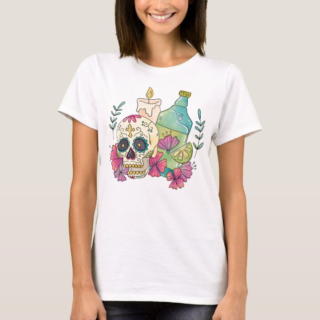 Camiseta Watercolor Dia de los Muertos Skull, Candle, Bebe (Anverso)