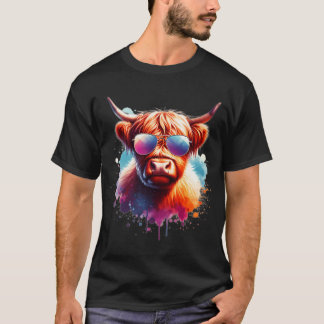 Camiseta Watercolor Escocia Highland Cow Viendo Sunglasse