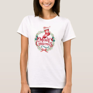 Camiseta Watercolor Feliz Navidad Wreath & Stocking