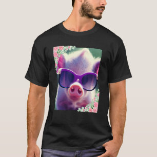 Camiseta Watercolor flowers and pig wearing sunglasses Cute
