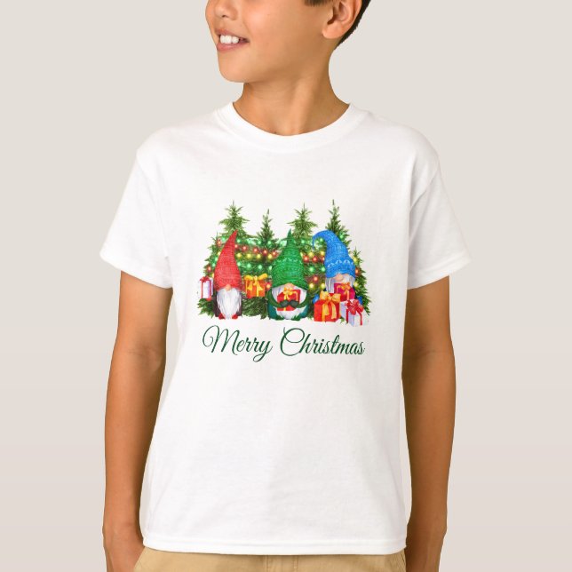 Camiseta Watercolor Gnomes Green Merry Christmas Boy (Anverso)
