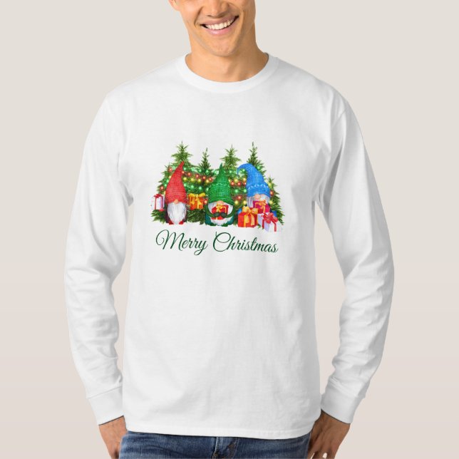 Camiseta Watercolor Gnomes Green Merry Christmas Long (Anverso)