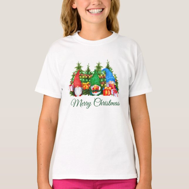 Camiseta Watercolor Gnomes Verde Feliz Chica de Navidad (Anverso)