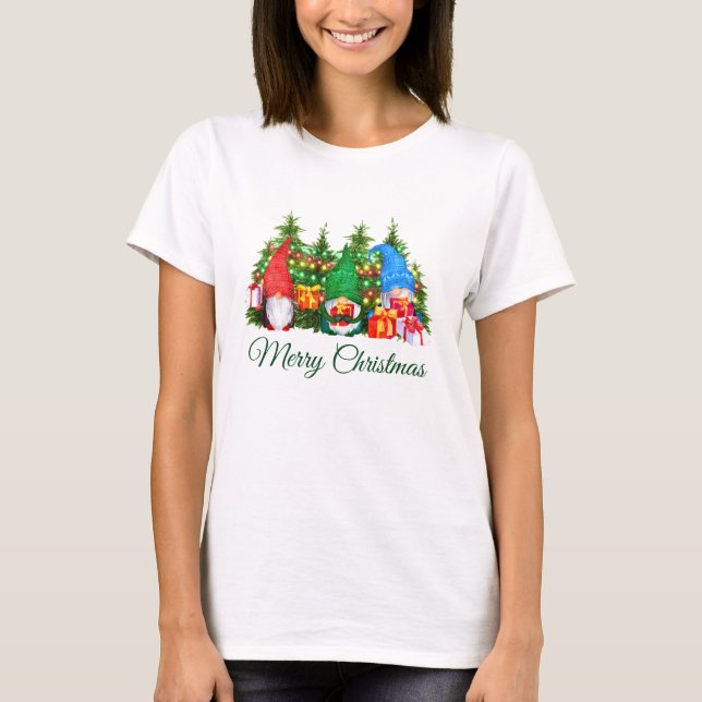 Camiseta Watercolor Gnomes Verde Feliz Navidad W (Anverso)
