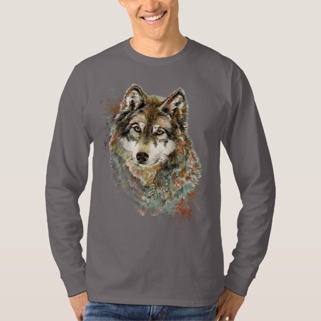 Camiseta Watercolor Gray Wolf Wildlife Animal Nature Art (Anverso)