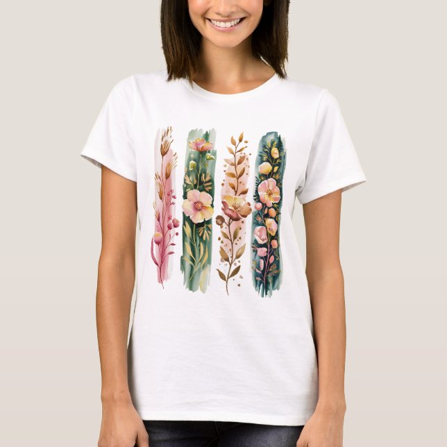 CAMISETA WATERCOLOR GREEN & PINK WILDFLOWER BRUSHSTROKES (Anverso)