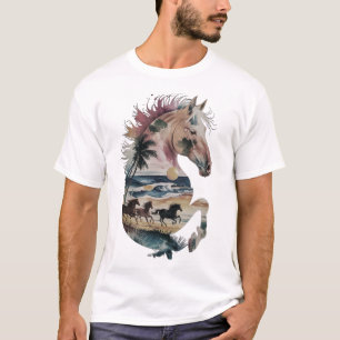 Camiseta Watercolor Horse Silhouette Tropical Ocean Sunset