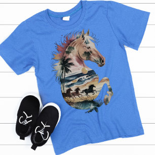 Camiseta Watercolor Horse Silhouette Tropical Ocean Sunset
