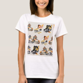 Camiseta Watercolor Ice Skates with Autumn Leaves Pattern  