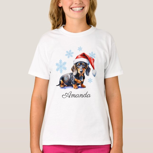 Camiseta Watercolor Negro y Tan Dachshund Navidades Perro (Anverso)