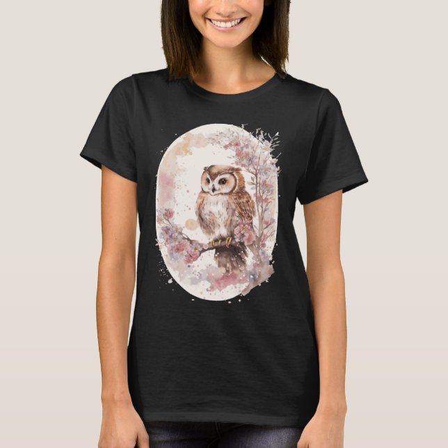 Camiseta Watercolor Owl Cherry Blossom Japanese Sakura (Anverso)