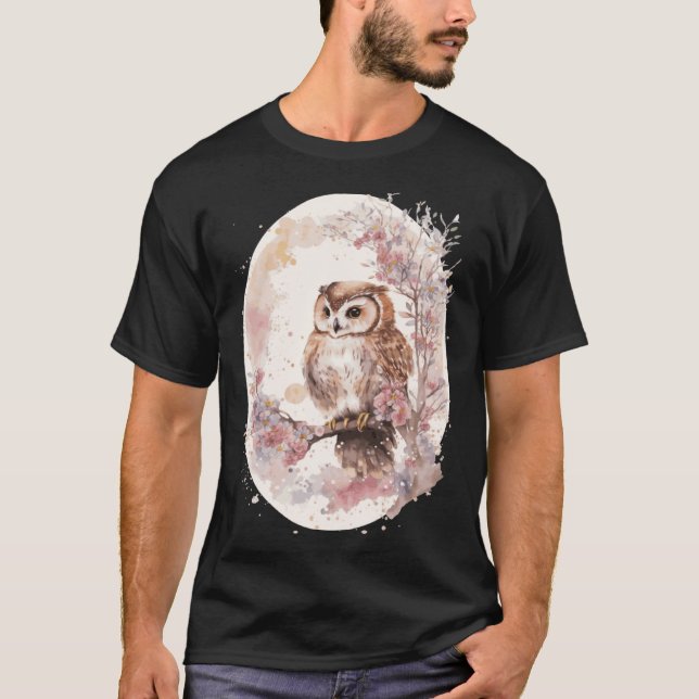 Camiseta Watercolor Owl Cherry Blossom Japanese Sakura (Anverso)