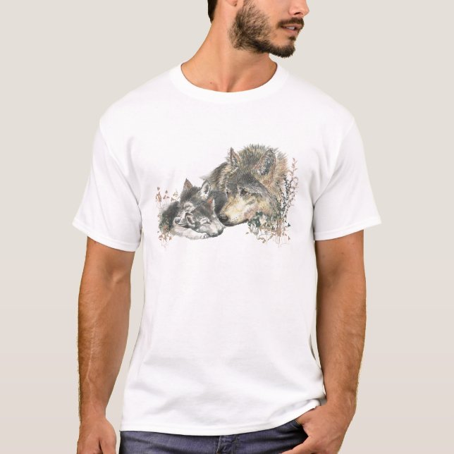 Camiseta Watercolor Padre Wolf & Cubs Animal Art (Anverso)