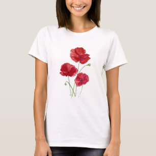 Camiseta Watercolor Rojo Poppy Jardín Flor Flor Arte flora