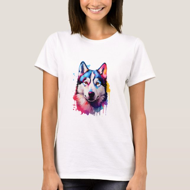 Camiseta Watercolor Siberian Husky arte colorido (Anverso)