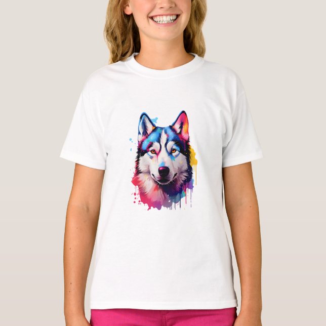 Camiseta Watercolor Siberian Husky arte colorido (Anverso)