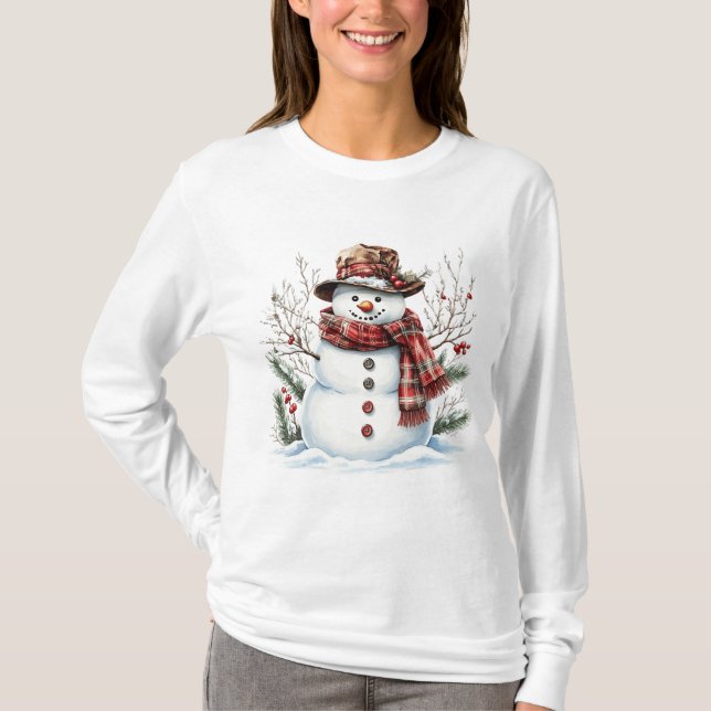 Camiseta Watercolor Snowman Classic Plaid Scarf Winter (Anverso)