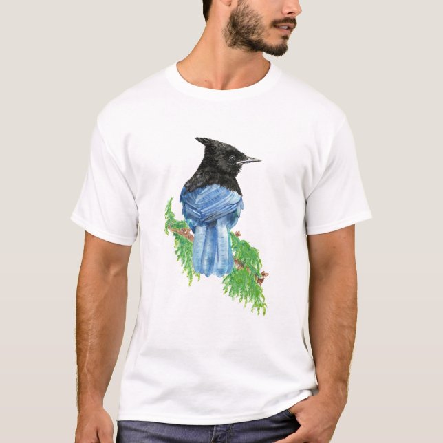 Camiseta Watercolor Stelar Jay Bird Nature Art (Anverso)
