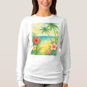 Camiseta Watercolor Tropical Beach Landscape Palms