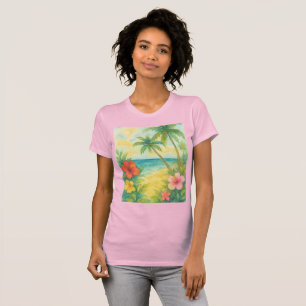 Camiseta Watercolor Tropical Beach Landscape Palms