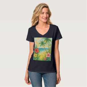 Camiseta Watercolor Tropical Beach Landscape Palms