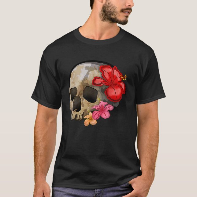 Camiseta Watercolour hippie gothic skull hibiscus floral Ha (Anverso)