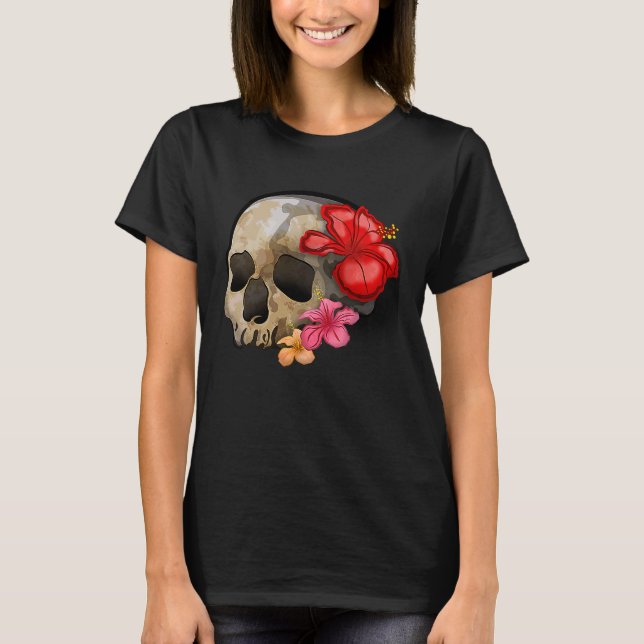Camiseta Watercolour hippie gothic skull hibiscus floral Ha (Anverso)