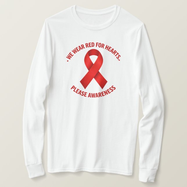Camiseta We Wear Red for Hearts – Red Ribbon Awareness (Anverso del diseño)