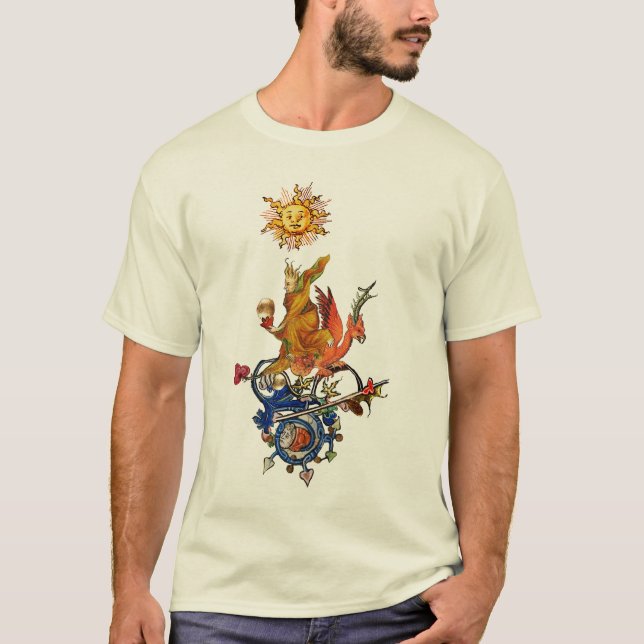 CAMISETA WEIRD MEDIEVAL BESTIARY,ALCHEMIST,RED DRAGON ,SUN  (Anverso)