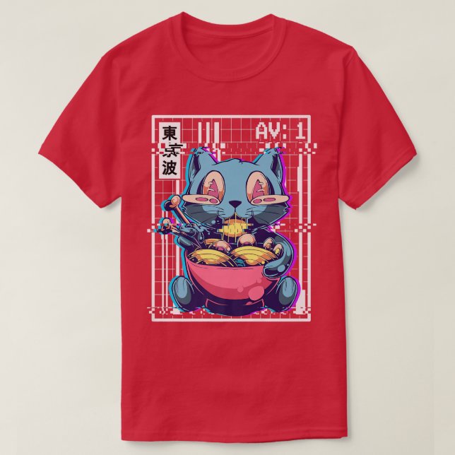 Camiseta Weirdcore Cat Ramen Glitch Vaporwave Estética Pas (Diseño del anverso)