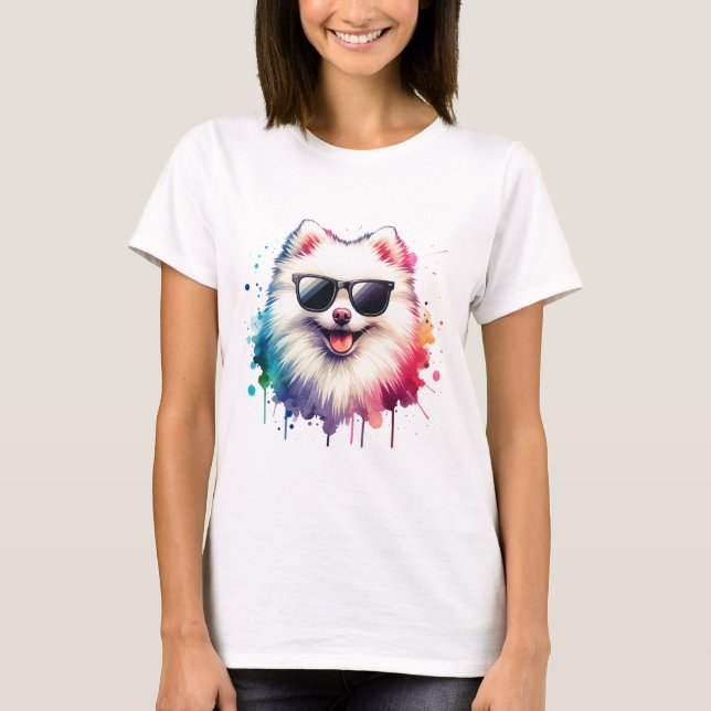 Camiseta Weißer kleiner Spitz Hund mit Sonnenbrille (Anverso)