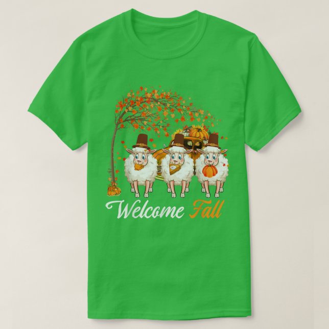 Camiseta Welcome Autumn Tree Three Sheep Farmer Pumpkins Pi (Diseño del anverso)